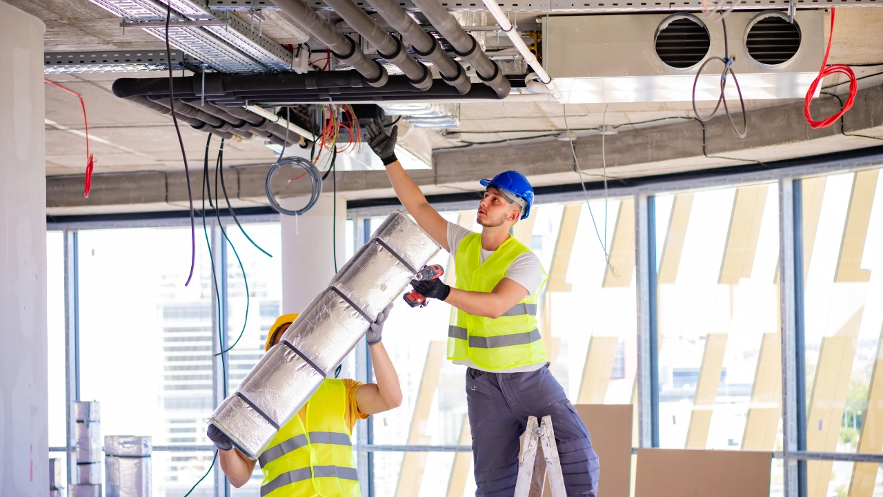 Beschäftigte richten eine Lüftungsanlage in einem Neubau ein