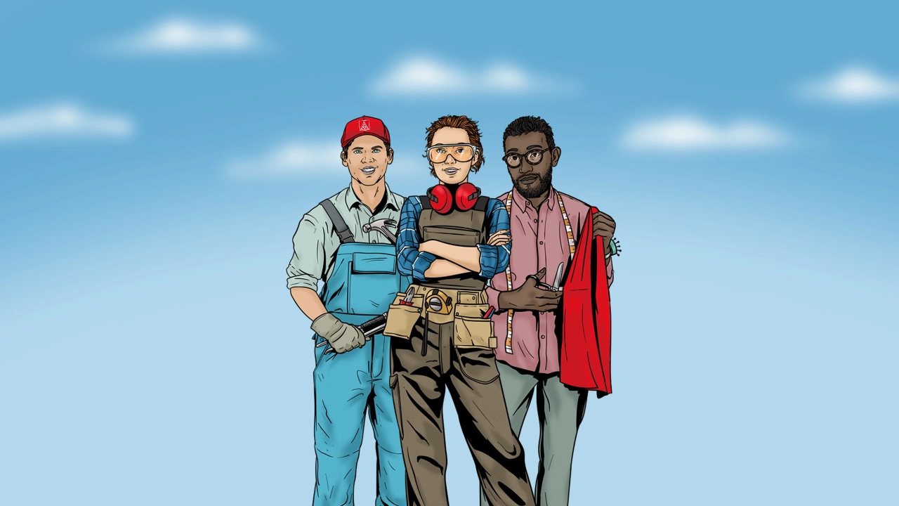 Anlagenmechaniker, Tischlerin und Modeschneider: Illustration zeigt drei Auszubildende aus den Handwerksbranchen der IG Metall.