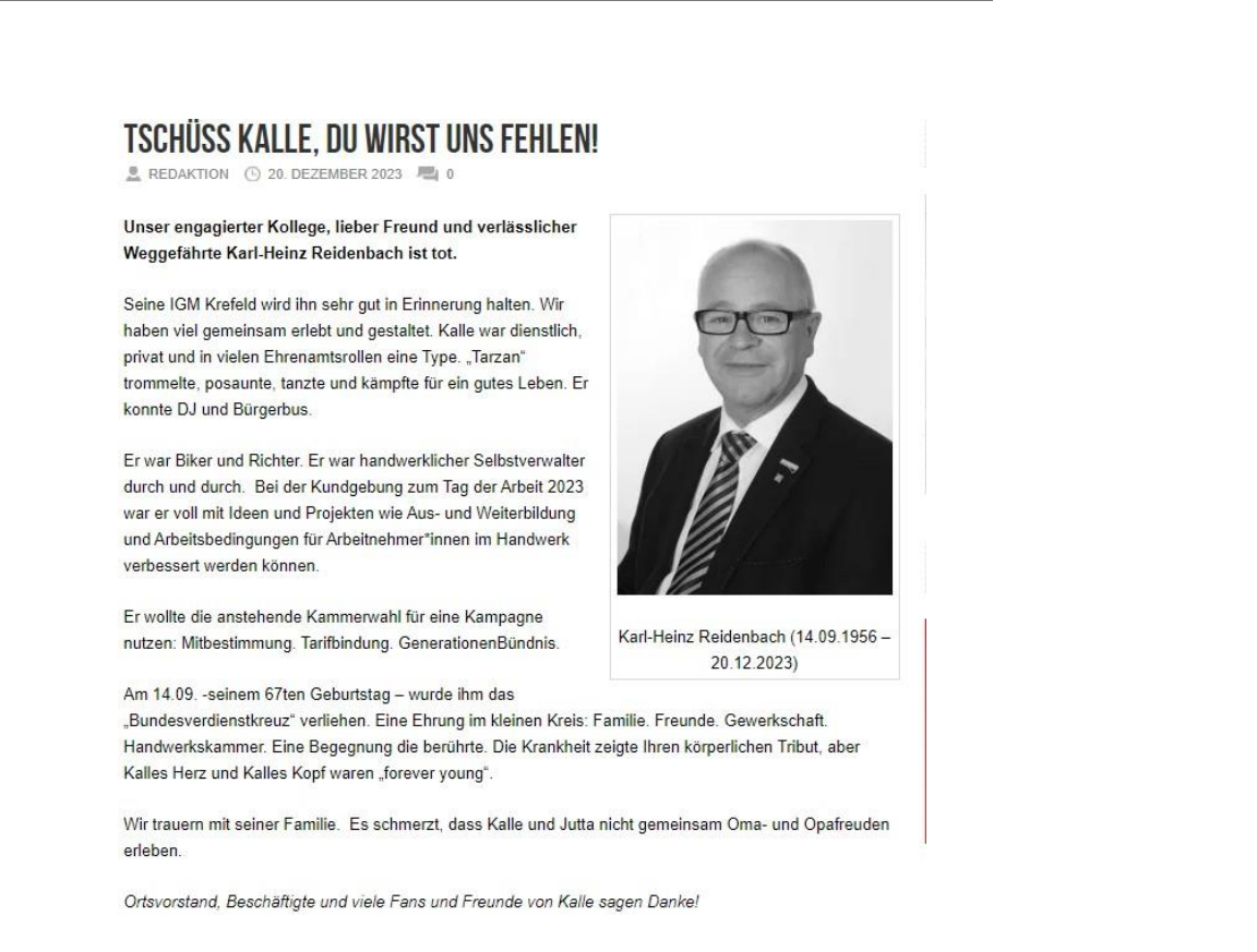 Traueranzeige Kalle Reidenbach