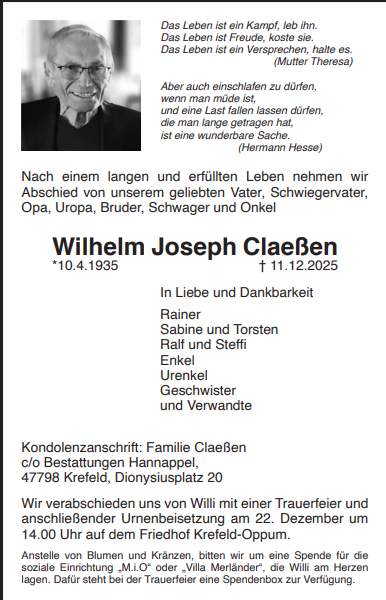 Traueranzeige Willi Claessen